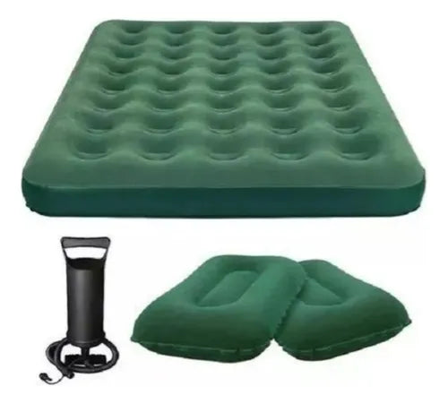 Combo Colchón Inflable Doble + 2 Almohadas + Bomba Manual