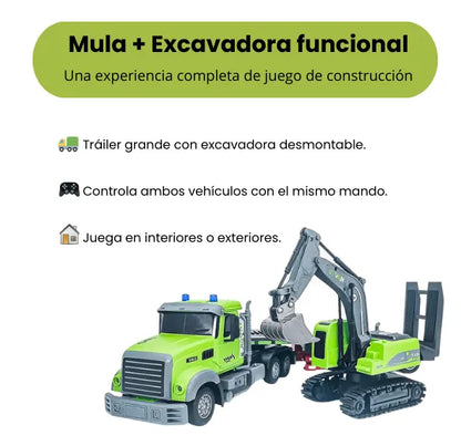 Mula Mas Excavadora a Control Remoto Grande Rotación 360°, Luces y USB Recargable