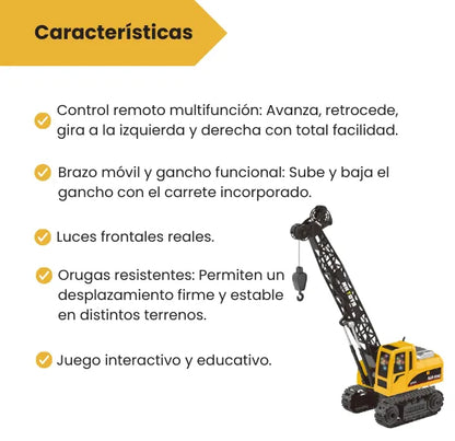 Grúa de Juguete A Control Remoto con Luces Y Gancho Funcional Para Niños