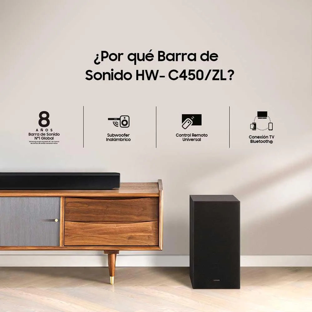 Barra de Sonido SAMSUNG HWC450ZL 300 W 2.1 con Subwoofer inalambrico Negra