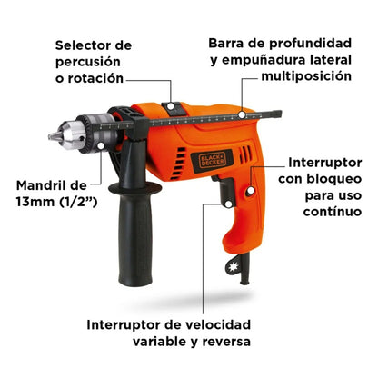 Taladro 1/2 Pulg Percutor 550w 2800rpm Vvr Byd + Clip Strip 6 Brocas Hss Black And Decker