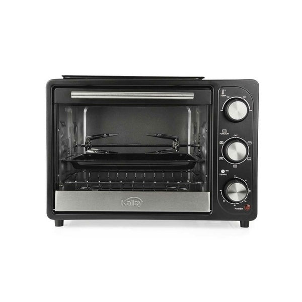 Horno asador Kalley K-MHE18N de 18 L y 1200 W, ideal para hornear, asar y rostizar con eficiencia y rapidez.