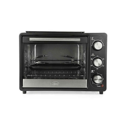 Horno asador Kalley K-MHE18N de 18 L y 1200 W, ideal para hornear, asar y rostizar con eficiencia y rapidez.