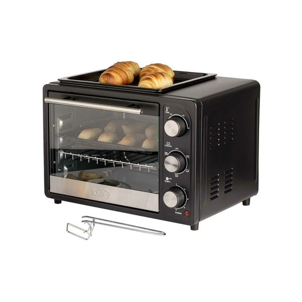 Horno asador Kalley K-MHE18N de 18 L y 1200 W, ideal para hornear, asar y rostizar con eficiencia y rapidez.