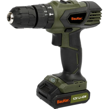 Kit Taladro Percutor 3/8-pulg 12V 1.3Ah I-L + 29 Accesorios Bauker