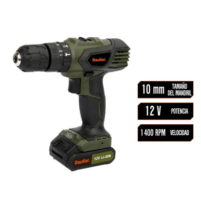 Kit Taladro Percutor 3/8-pulg 12V 1.3Ah I-L + 29 Accesorios Bauker