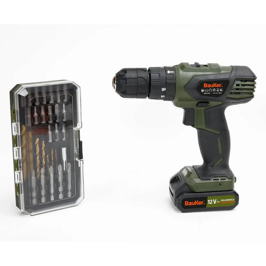Kit Taladro Percutor 3/8-pulg 12V 1.3Ah I-L + 29 Accesorios Bauker